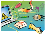 Cartoon: aus einem PC mit dem Zeichen Biogefährdung springen eine Zecke und Krankheitserreger sowie ein Verbandskasten