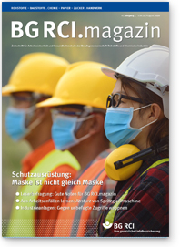 Titelabbildung BG RCI Magazin, Ausgabe Juli/August 2020: 3 Personen mit Schutzhelmen, Mund-Nasen-Bedeckung und Gehörschutz