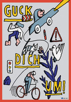 Das Plakat zeigt eine bunte Illustration aus verschiedenen Verkehrsteilnehmern (Autofahrer, Fußgänger, Tiere)