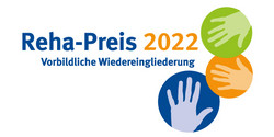 Logo Reha-Preis 2022: Drei stilisierte Hände und Wortlaut Reha-Preis 2022 Vorbildliche Wiedereingliederung