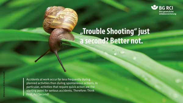 “Trouble Shooting“ just  a second? Better not. Accidents at work occur far less frequently during planned activities than during spontaneous actions. In particular, activities that require quick action are the starting point for serious accidents. Therefore: Think First, Act Second!