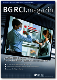 Abbildung zeigt Titelblatt des BG RCI.magazins mit einem Bildschirm mit Motiv zu Corona-Abstandsregel: Zwei Frauen begrüßen sich, in dem sie ihre Ellenbogen berühren