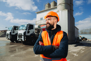 Ein Mann in Warnweste steht vor einer großen Industrieanlage.
