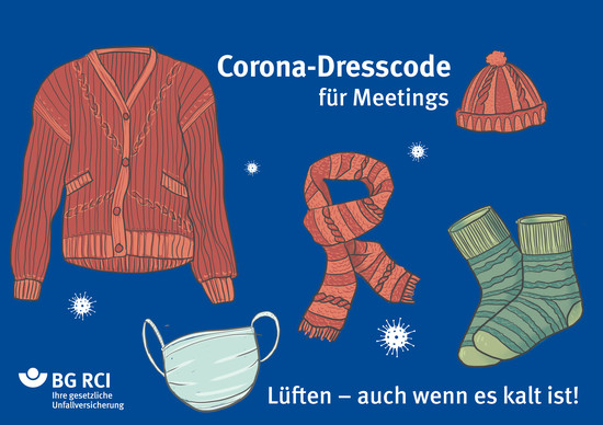 Zeichnung Winterkleidung. Text: Corona-Dresscode für Meetings. Lüften auch wenn es kalt ist.