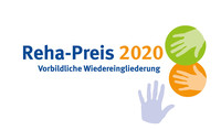 Logo Reha-Preis 2020 Vorbildliche Wiedereingliederung mit drei Händen in grün, orange und blau